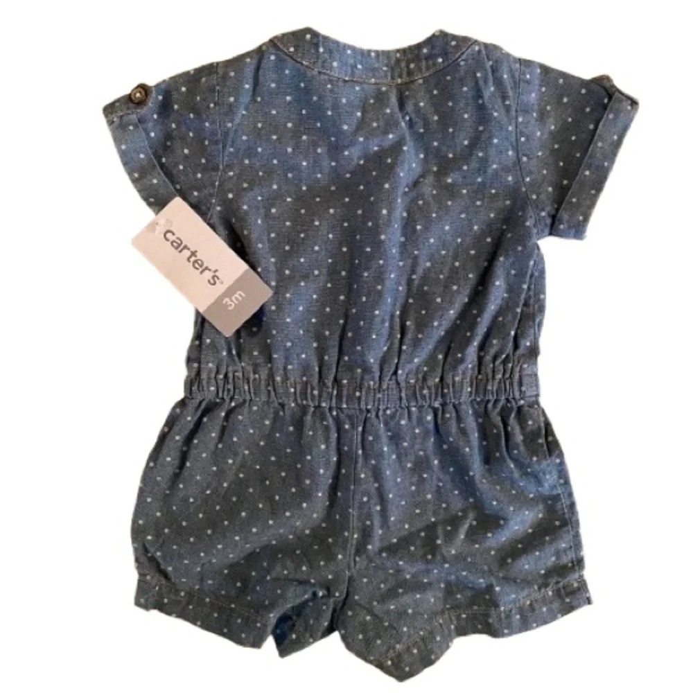Carter's Baby Chambray Romper Size 3 mos Blue 100% Cotton Polka Dot 1 Piece NWT